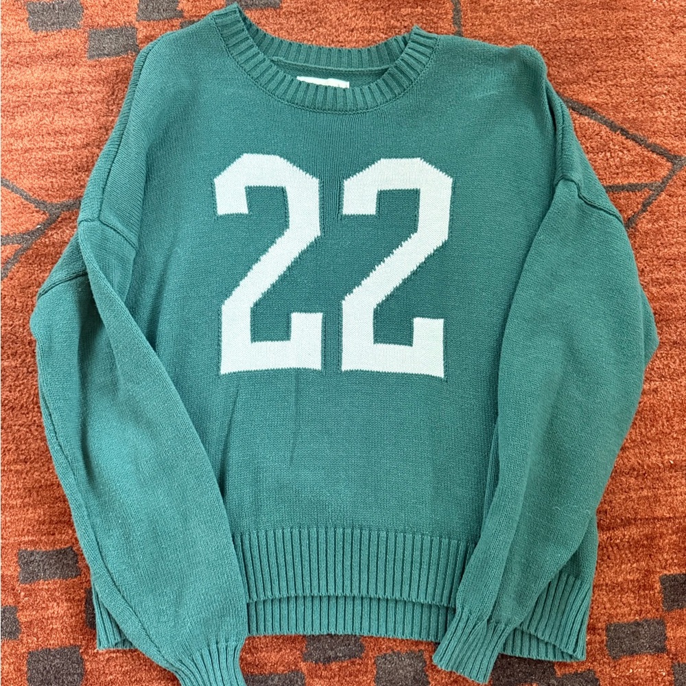 Hollister Teal Crew Neck Sweater with Number Design